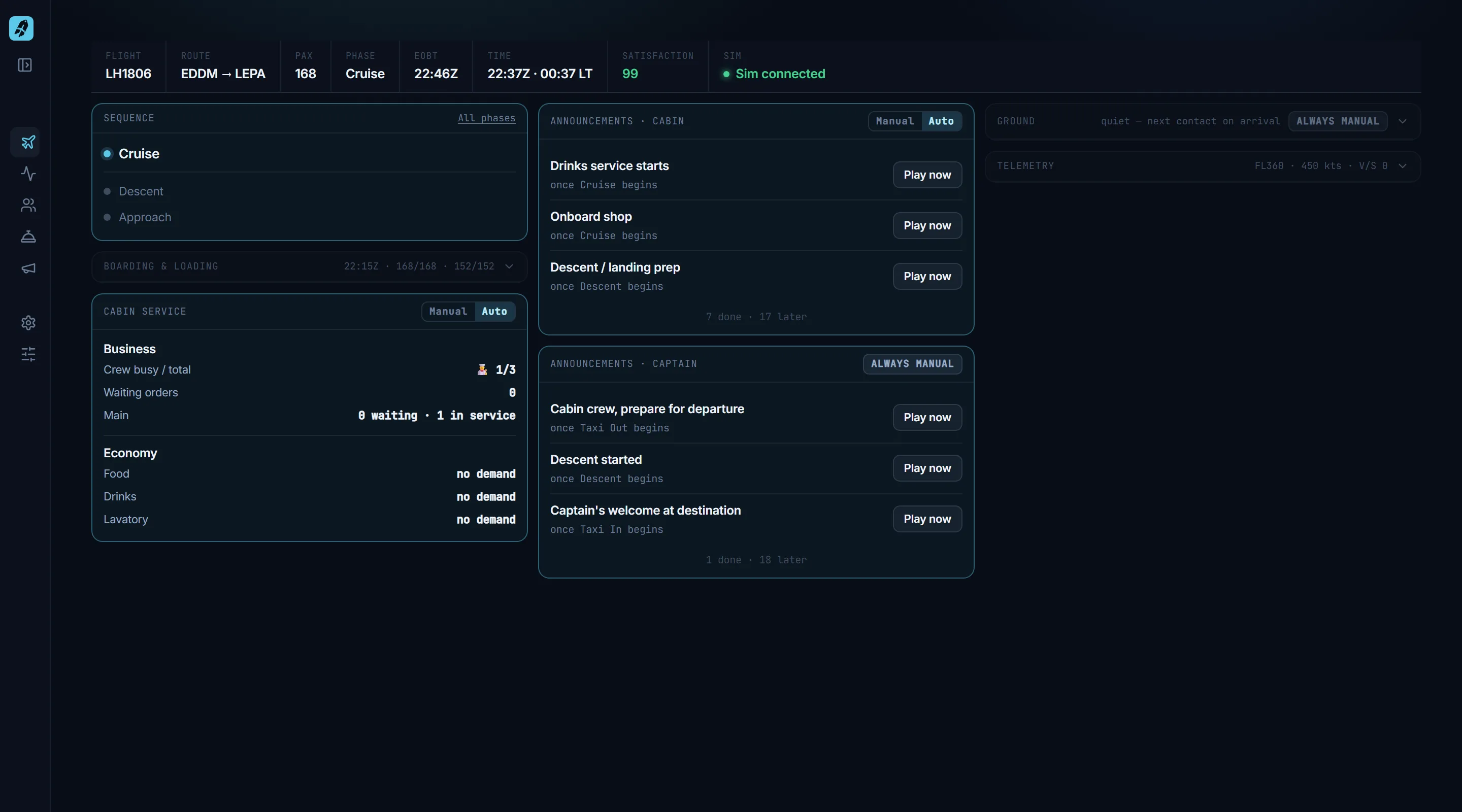 CabinCRU Flight Deck in cruise: sequence tile with Cruise, Descent and Approach, collapsed boarding tile, cabin service tile with Business and Economy, announcement tiles, ground and telemetry collapsed to one line.