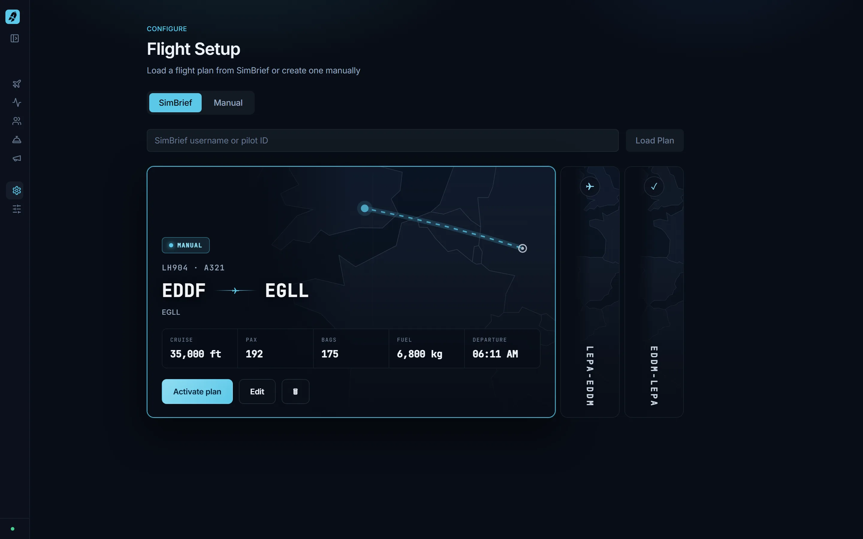 CabinCRU Flight Setup page: SimBrief and Manual tabs, flight plan cards with route map, cruise, PAX, bags and departure.